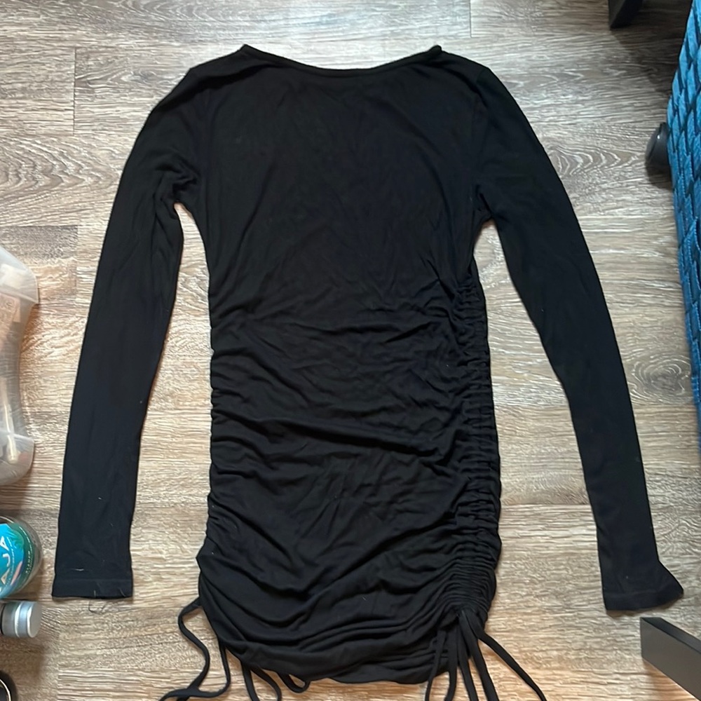 Black Women’s Ruched Long Sleeve Drawstring Mini Bodycon Dress. Size S